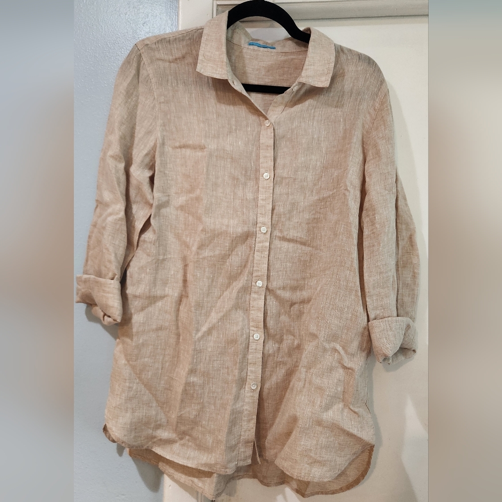 Women's J.Mclaughlin Britt Linen Tan Button Down Shirt, Size L